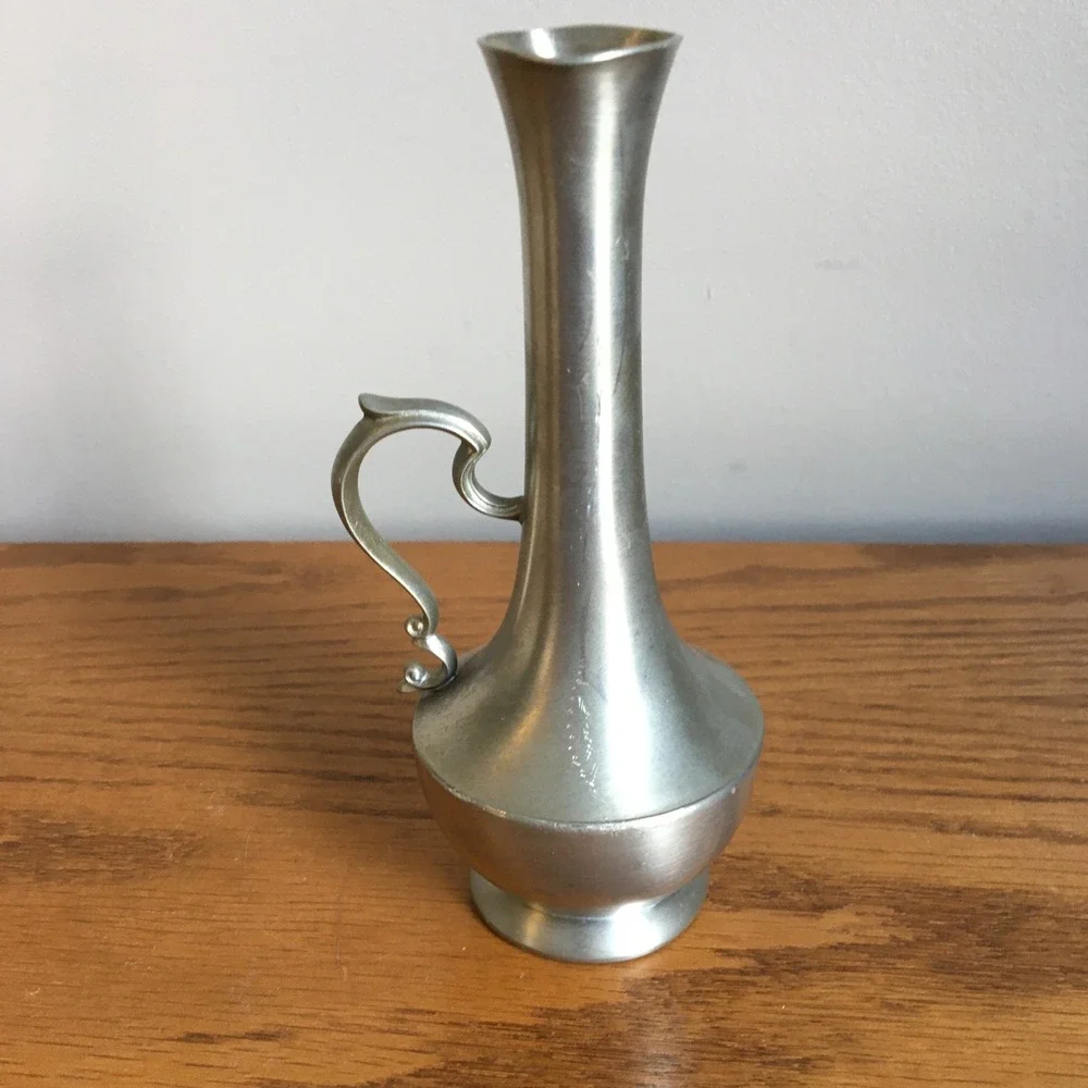 WEB Pewter Bud Vase 1158 Scrolled Handle Decorative Metal Flower Holder Vintage